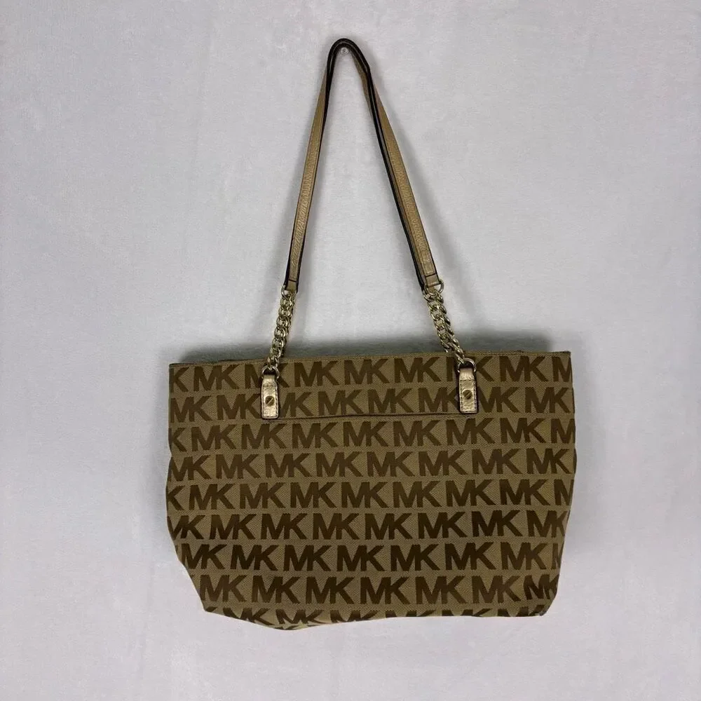Michael Kors Brown Monogram Large Shoulder Purse with‎ Gold Straps